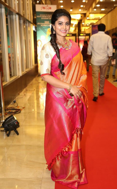Actress Sneha In Orange Traditional Indian Pattu Saree At Santhosam Awards 10